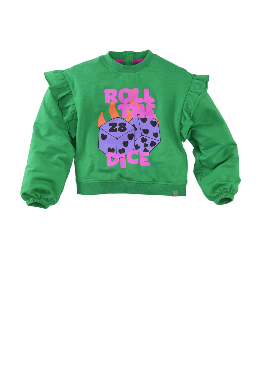Groene meisjes Z8 kids sweater Paloma van stretchkatoen met printopdruk, lange mouwen, ronde hals, knoopsluiting en ruches