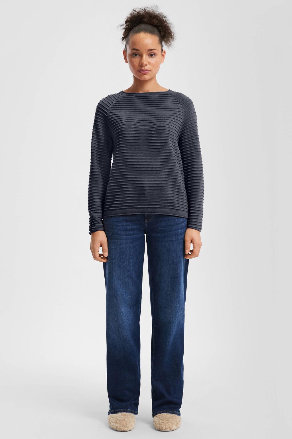Donkerblauwe dames QS pullover trui van polyester met effen, lange mouwen, ronde hals en textuur