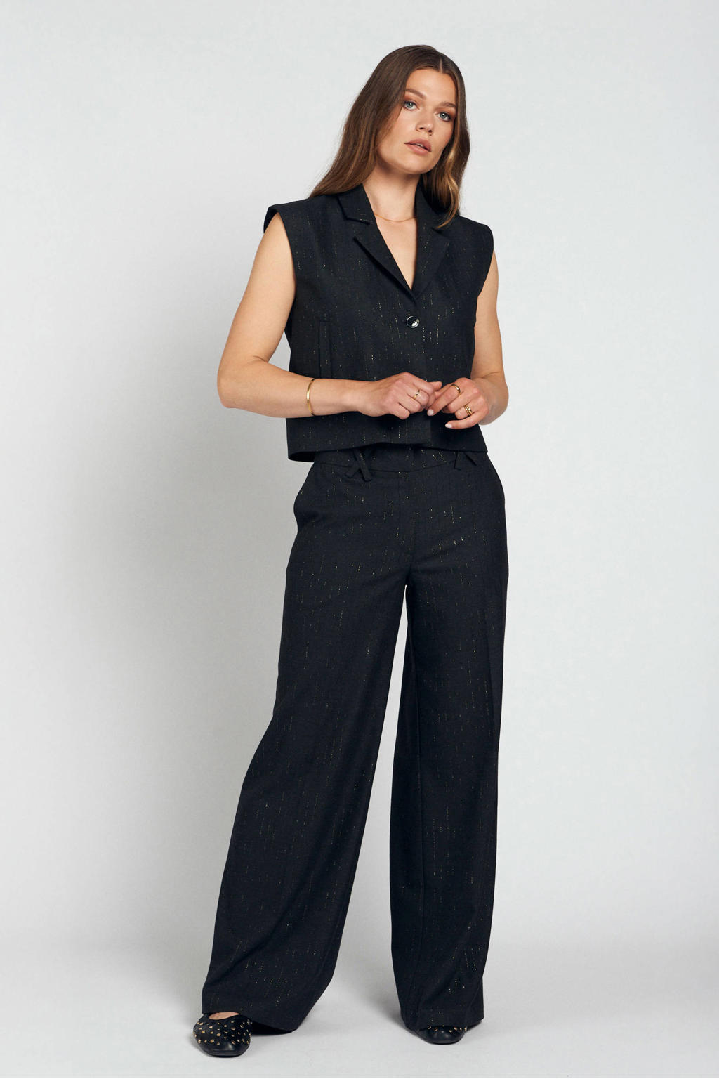 Zwarte dames Spooq the label wide leg pantalon met rits- en knoopsluiting en effen
