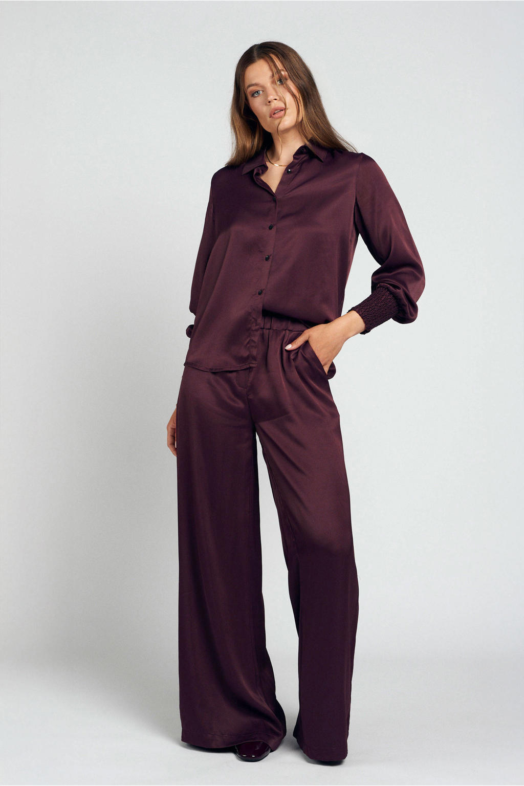 Donkerrode dames Spooq the label wide leg regular waist broek van viscose met effen