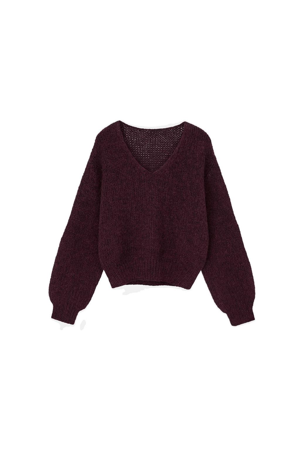 Donkerrode dames Spooq the label trui gebreid van acryl met effen, lange mouwen en V-hals