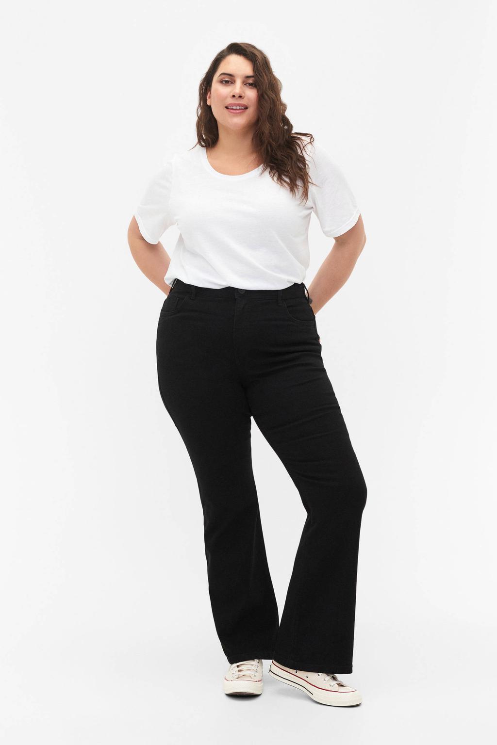 Black denim dames Zizzi high waist bootcut jeans black van denim met rits- en knoopsluiting en effen