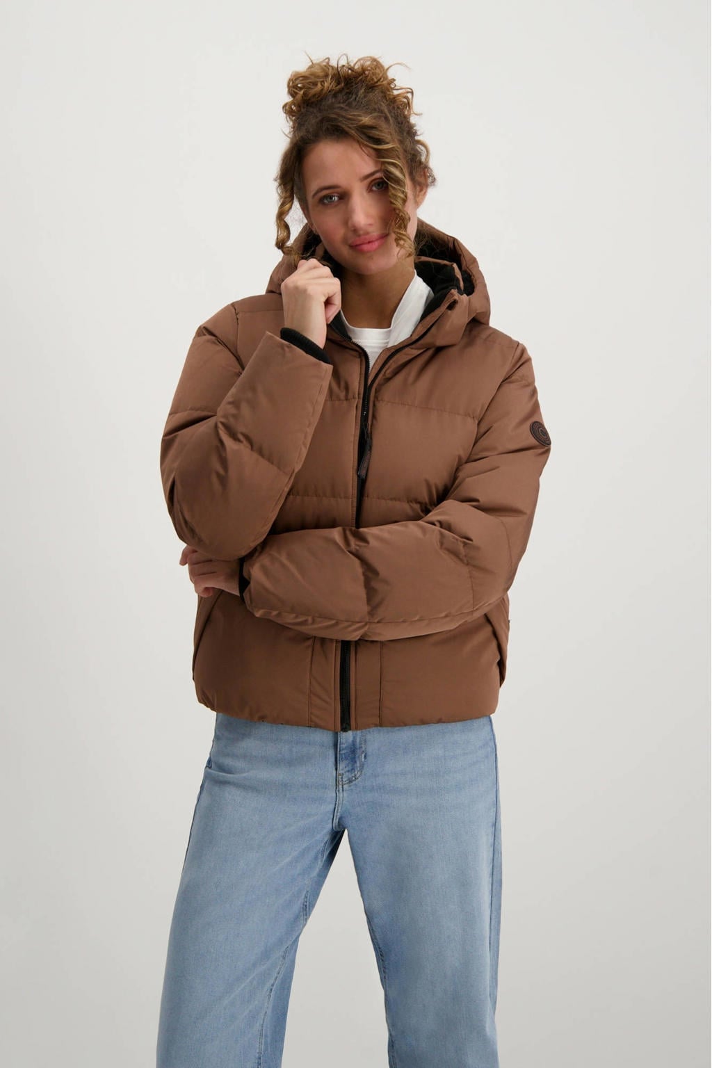 Bruine dames Cars winterjas van nylon met effen, lange mouwen, capuchon en ritssluiting