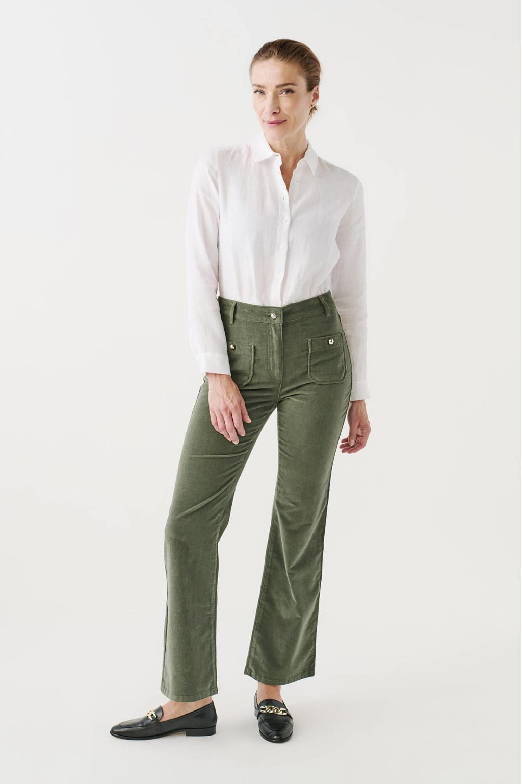 Kakikleurige dames Caroll corduroy bootcut high waist broek met rits- en knoopsluiting en effen