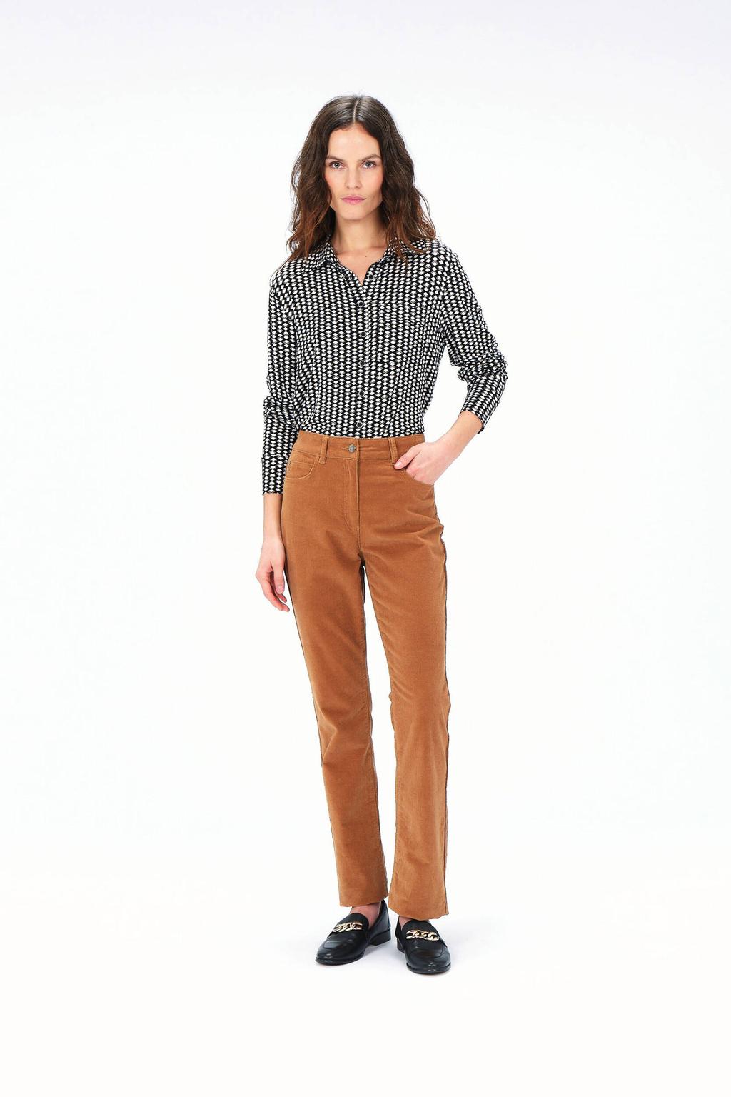 Camelkleurige dames Caroll high waist bootcut jeans van denim met rits- en knoopsluiting en effen