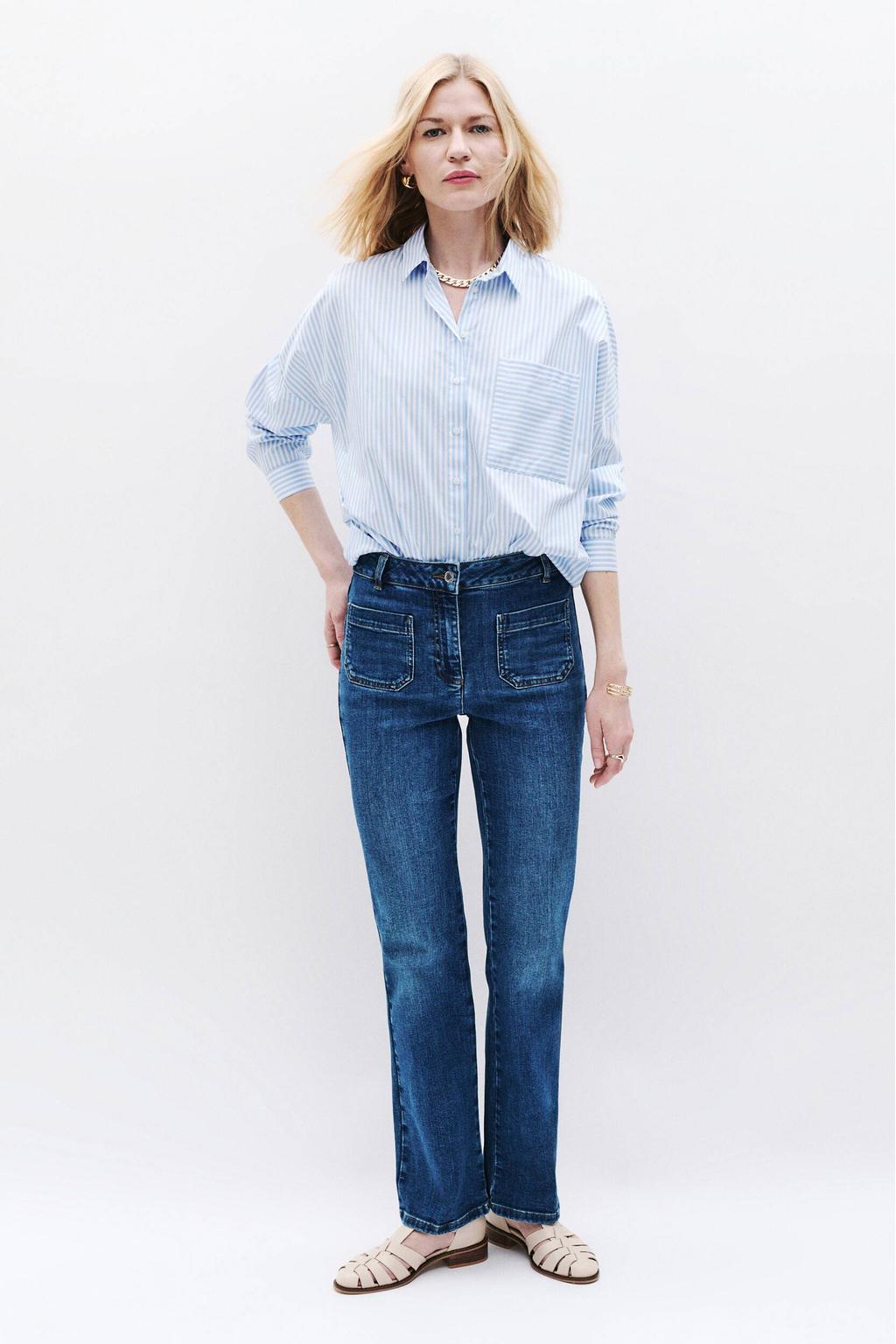 Medium blue denim dames Caroll high waist bootcut jeans van denim met rits- en knoopsluiting en effen