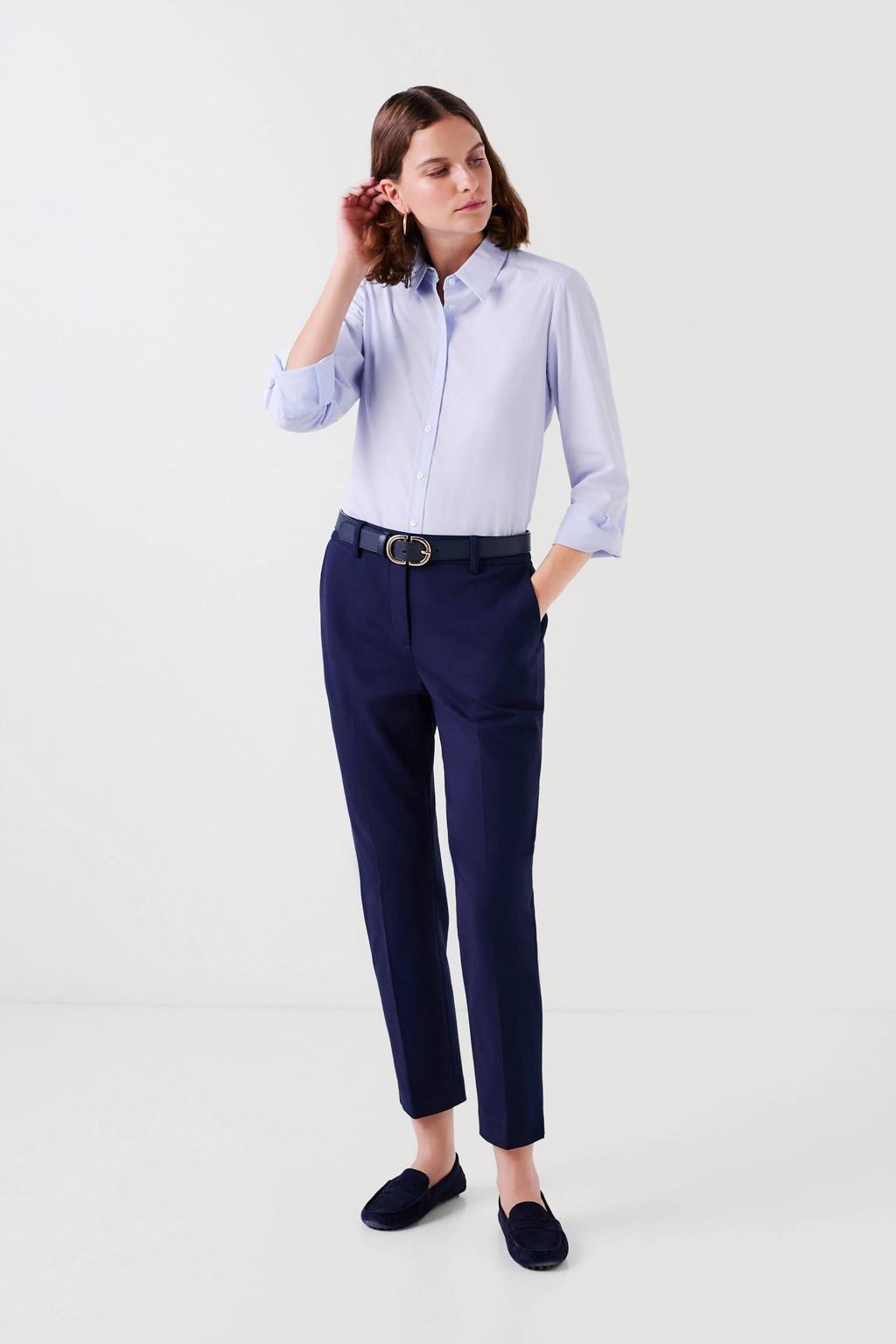 Donkerblauwe dames Caroll slim low waist broek van viscose met effen