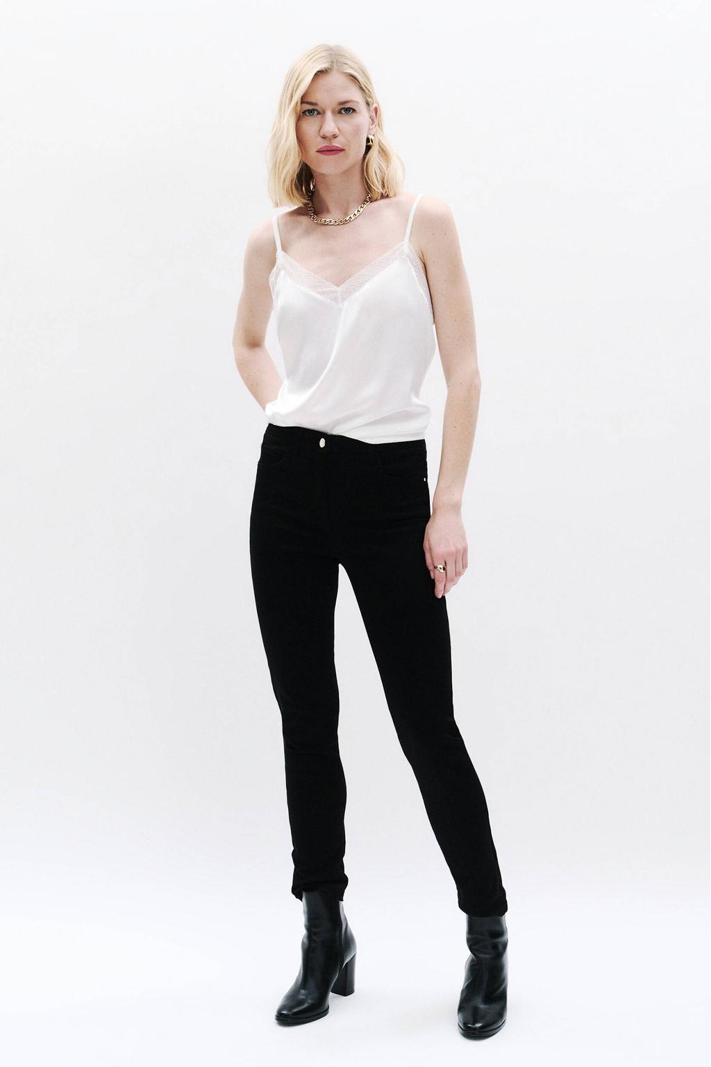 Zwarte dames Caroll skinny jeans van denim met regular waist, rits- en knoopsluiting en effen