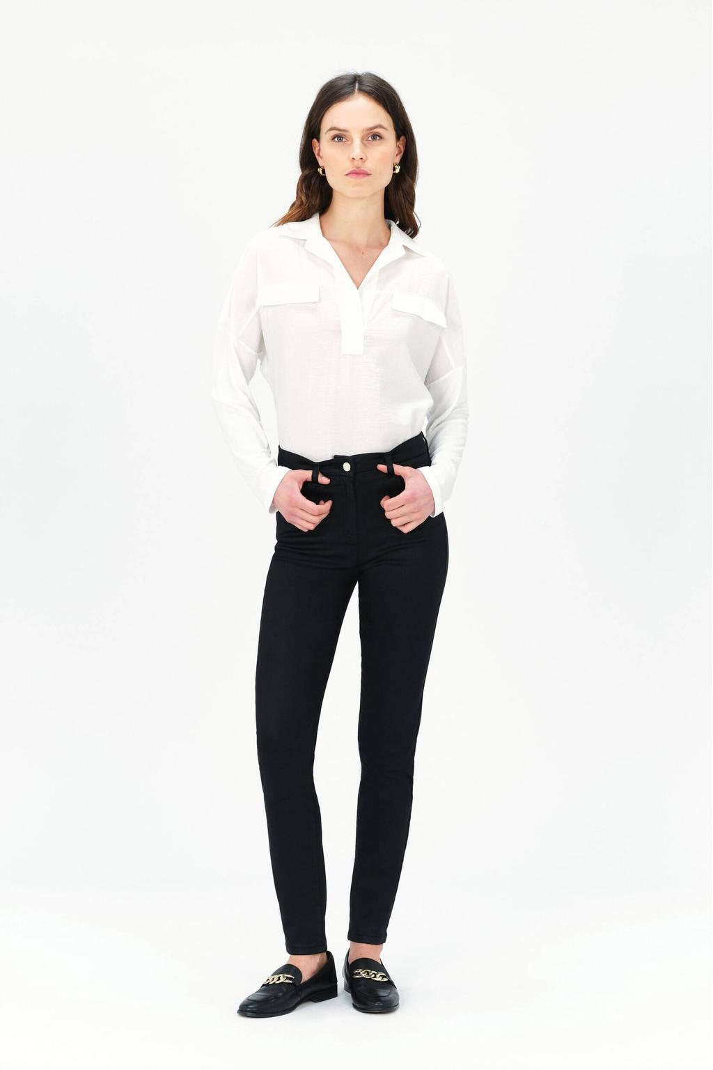 Zwarte dames Caroll skinny jeans van denim met regular waist, rits- en knoopsluiting en effen