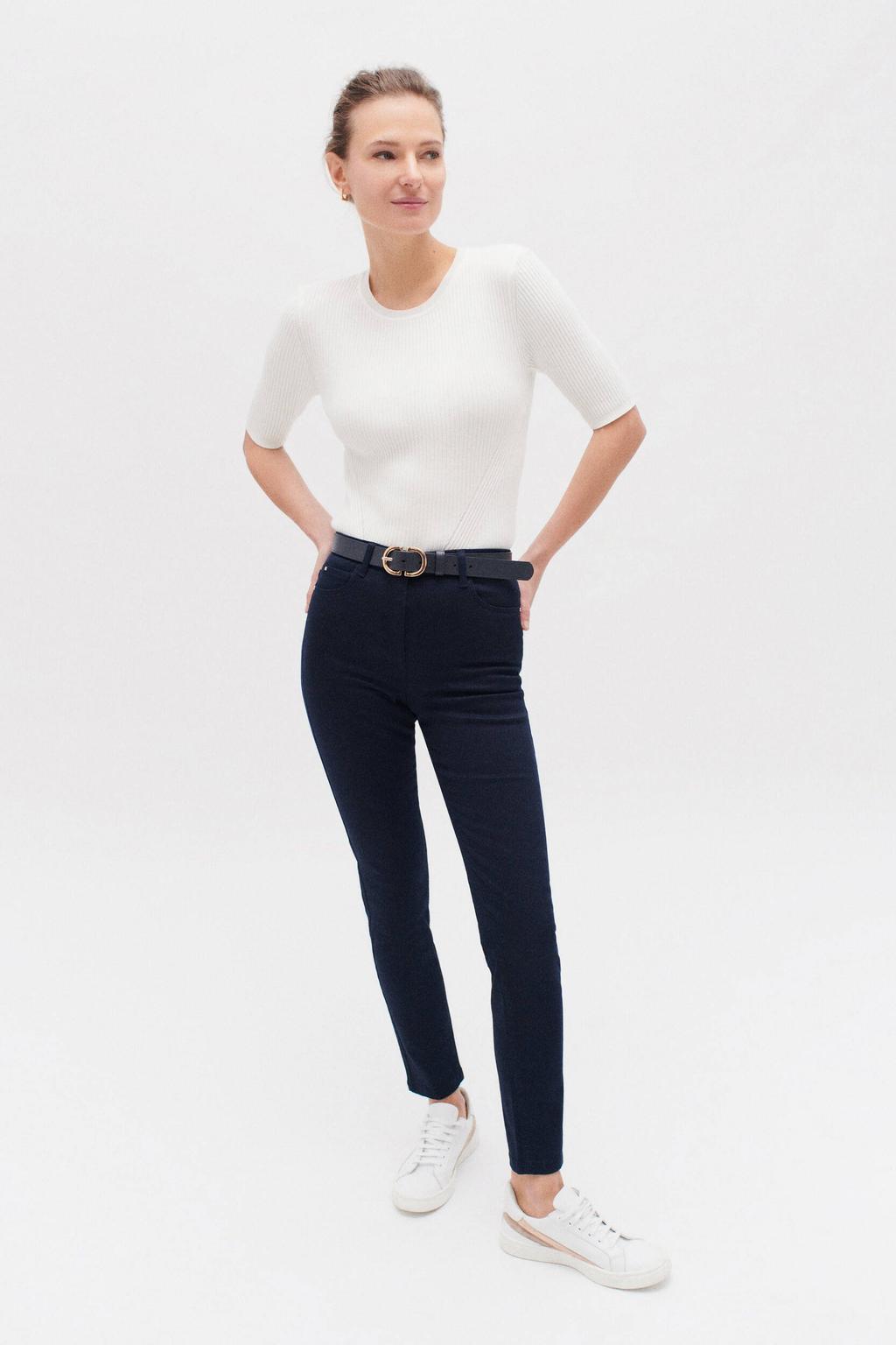 Donkerblauwe dames Caroll skinny jeans van denim met regular waist, rits- en knoopsluiting en effen