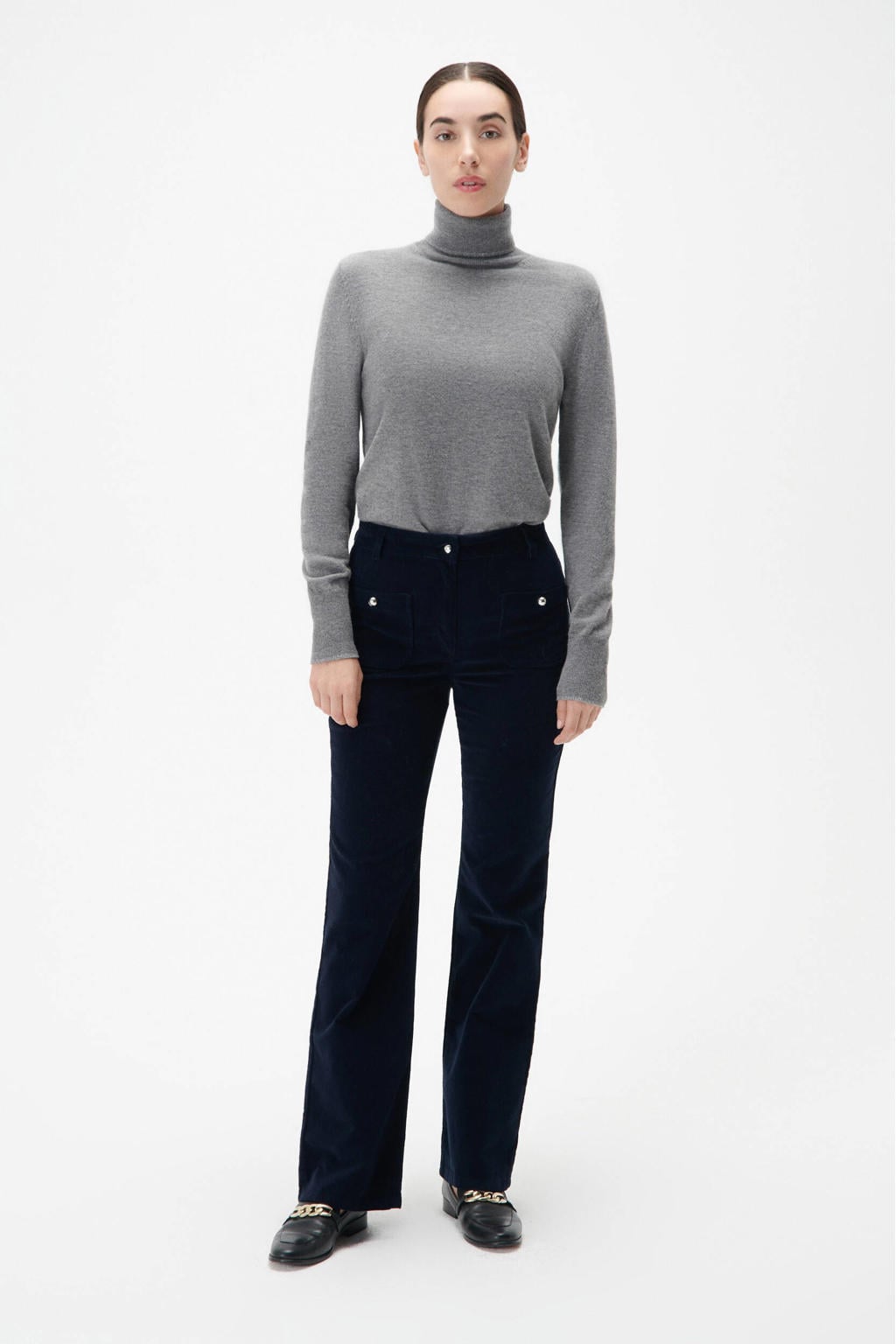 Donkerblauwe dames Caroll corduroy bootcut high waist broek met rits- en knoopsluiting en effen
