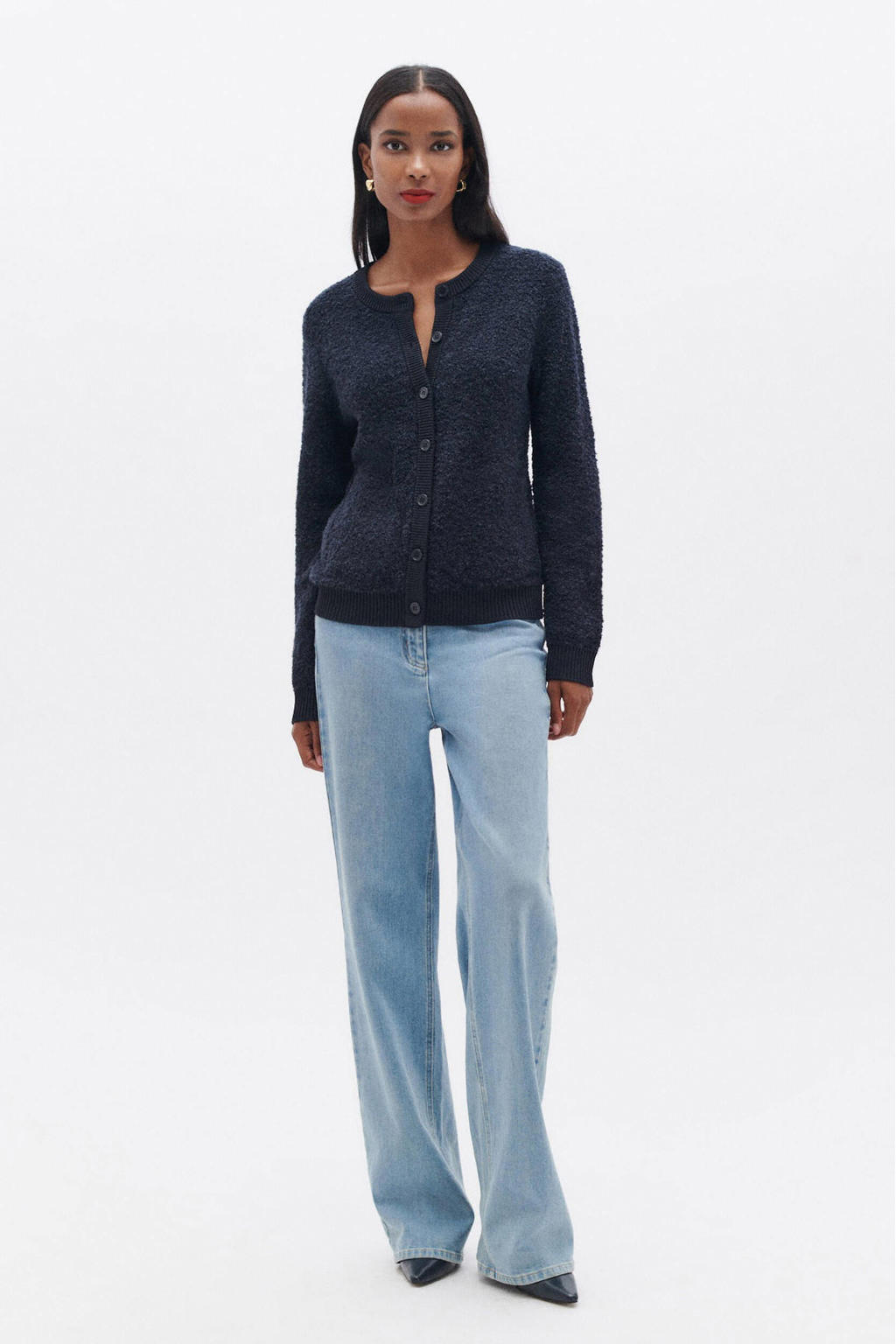 Donkerblauwe dames Caroll gebreid vest met effen, lange mouwen, ronde hals en knoopsluiting