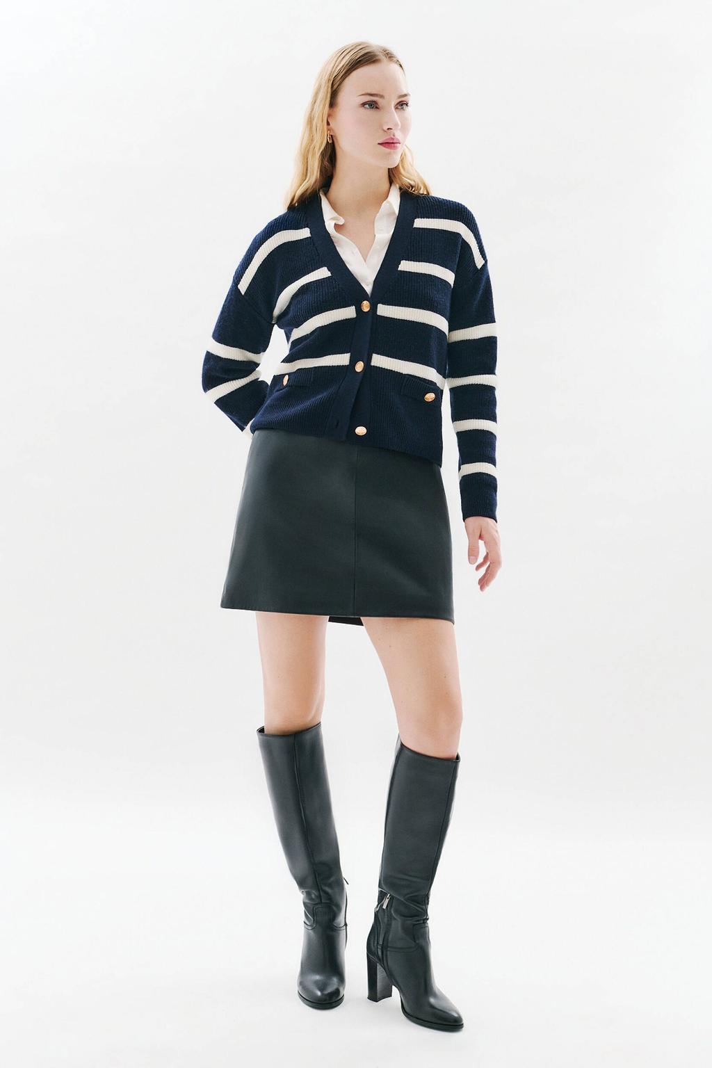 Donkerblauwe dames Caroll gestreepte gebreid vest met lange mouwen, V-hals en knoopsluiting