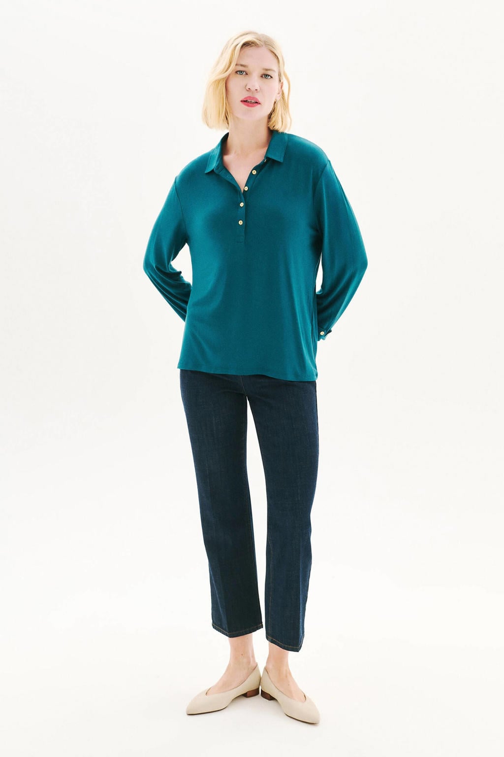 Petrolkleurige dames Caroll polo van viscose met effen en driekwart mouwen