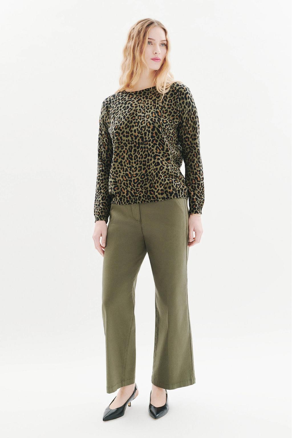 Groene dames Caroll sweater van katoen met dierenprint, lange mouwen en ronde hals