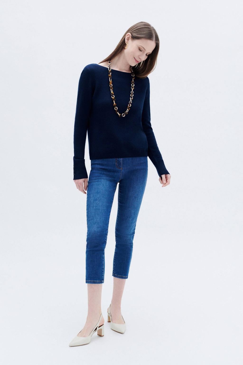 Marineblauw dames Caroll gebreide trui van kasjmier blauw met effen, lange mouwen, boothals en knoopsluiting
