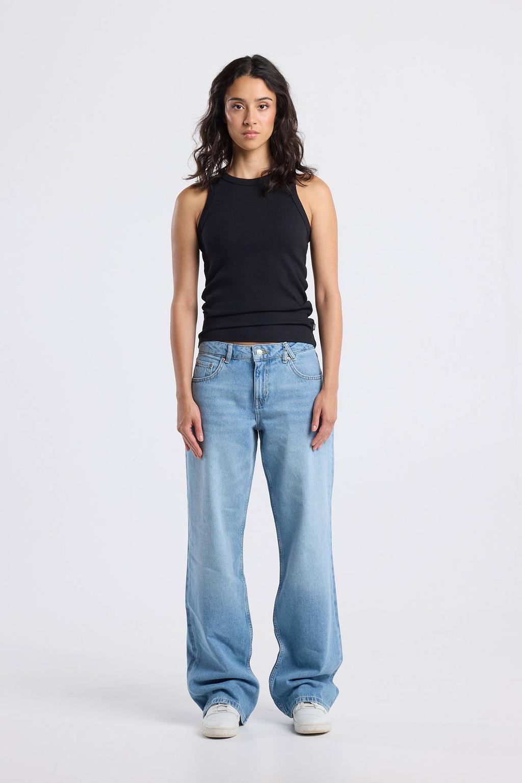 Light blue denim dames America Today low waist straight fit jeans van denim met effen
