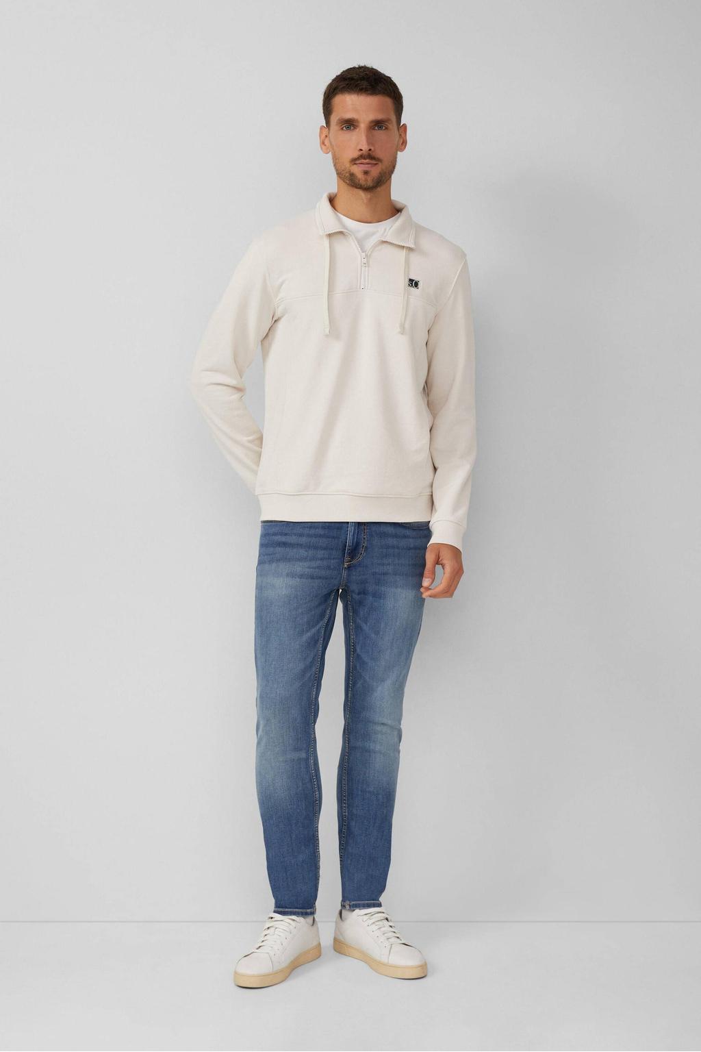 Ecru heren s.Oliver sweater met effen, lange mouwen, opstaande kraag en halve rits