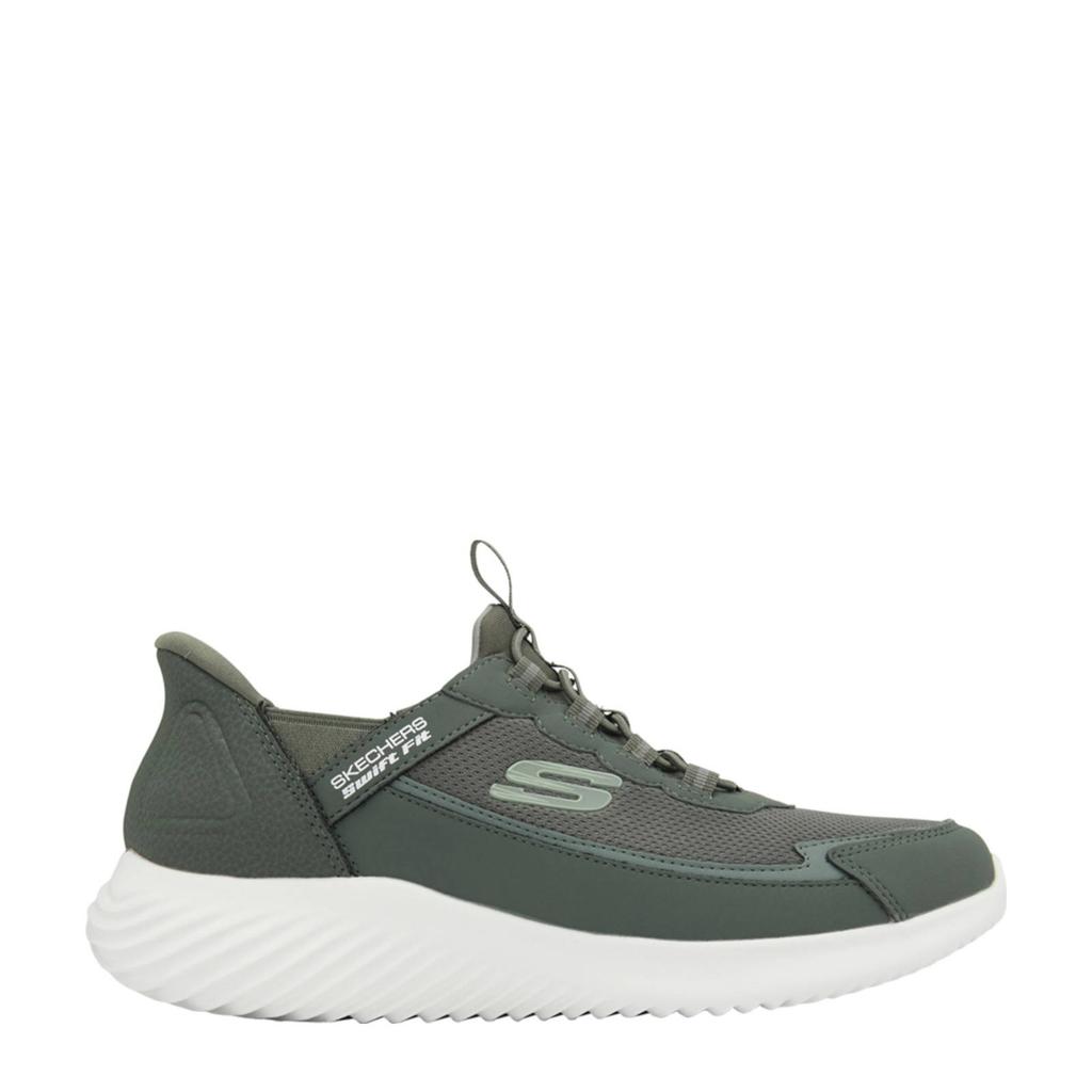 Olijfgroene heren Skechers Bounder slip-on sneakers van textiel met elastische veters