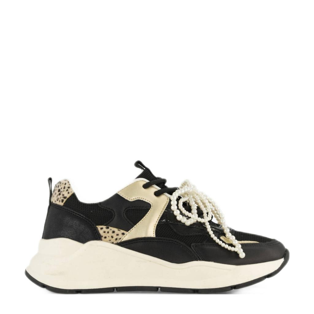 Zwart en gouden dames Graceland chunky sneakers van imitatieleer en textiel met veters