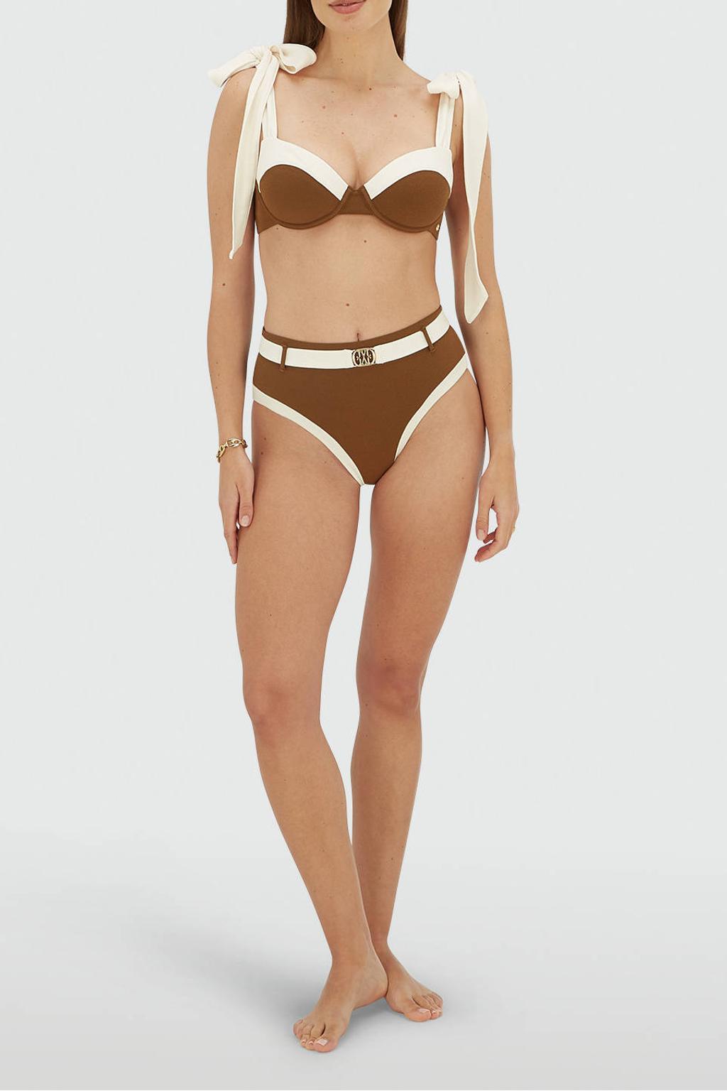 JOSH V high waist bikinibroekje Solange bruin/ecru