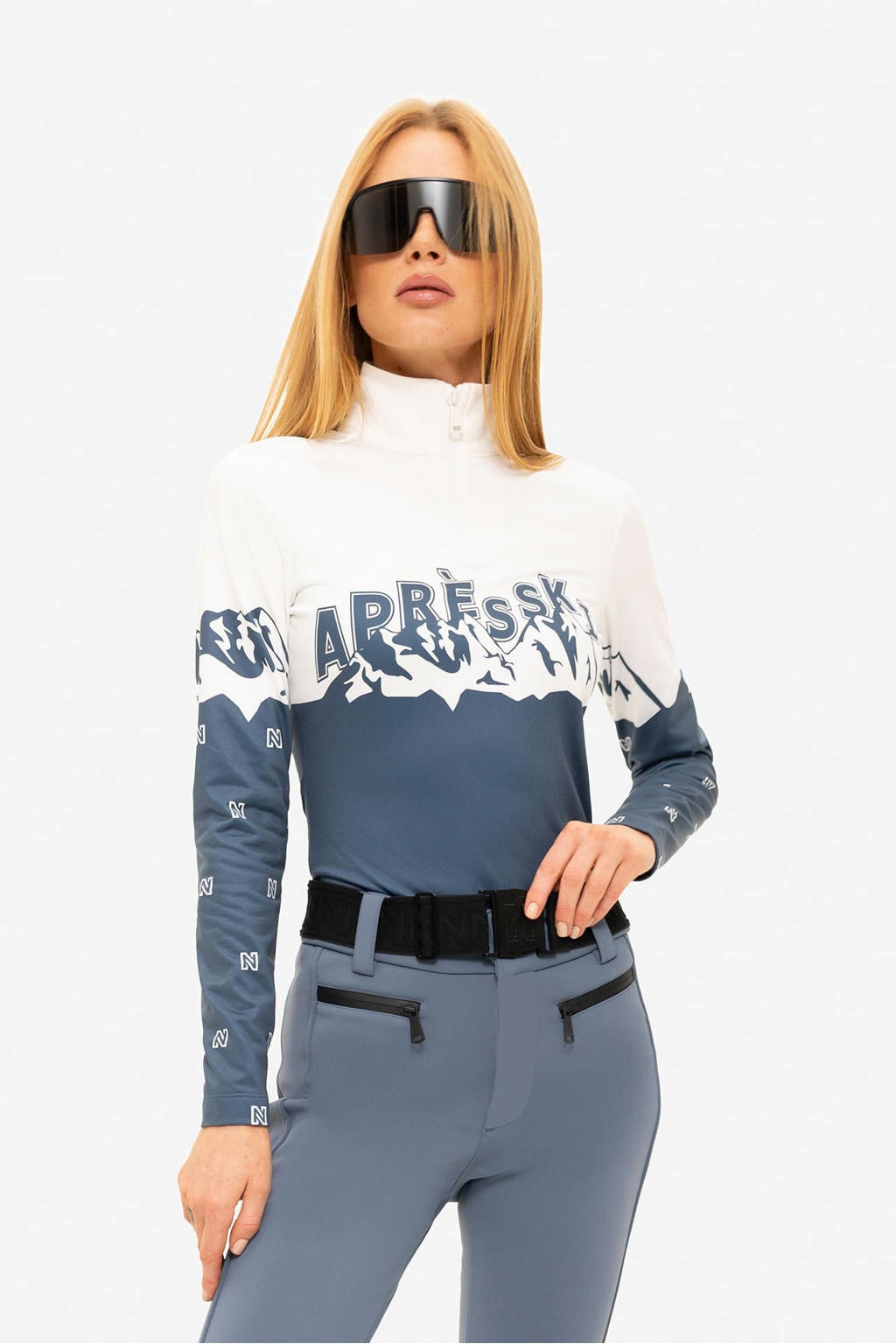 Blauw en witte dames NIKKIE ski pully Nantes met lange mouwen