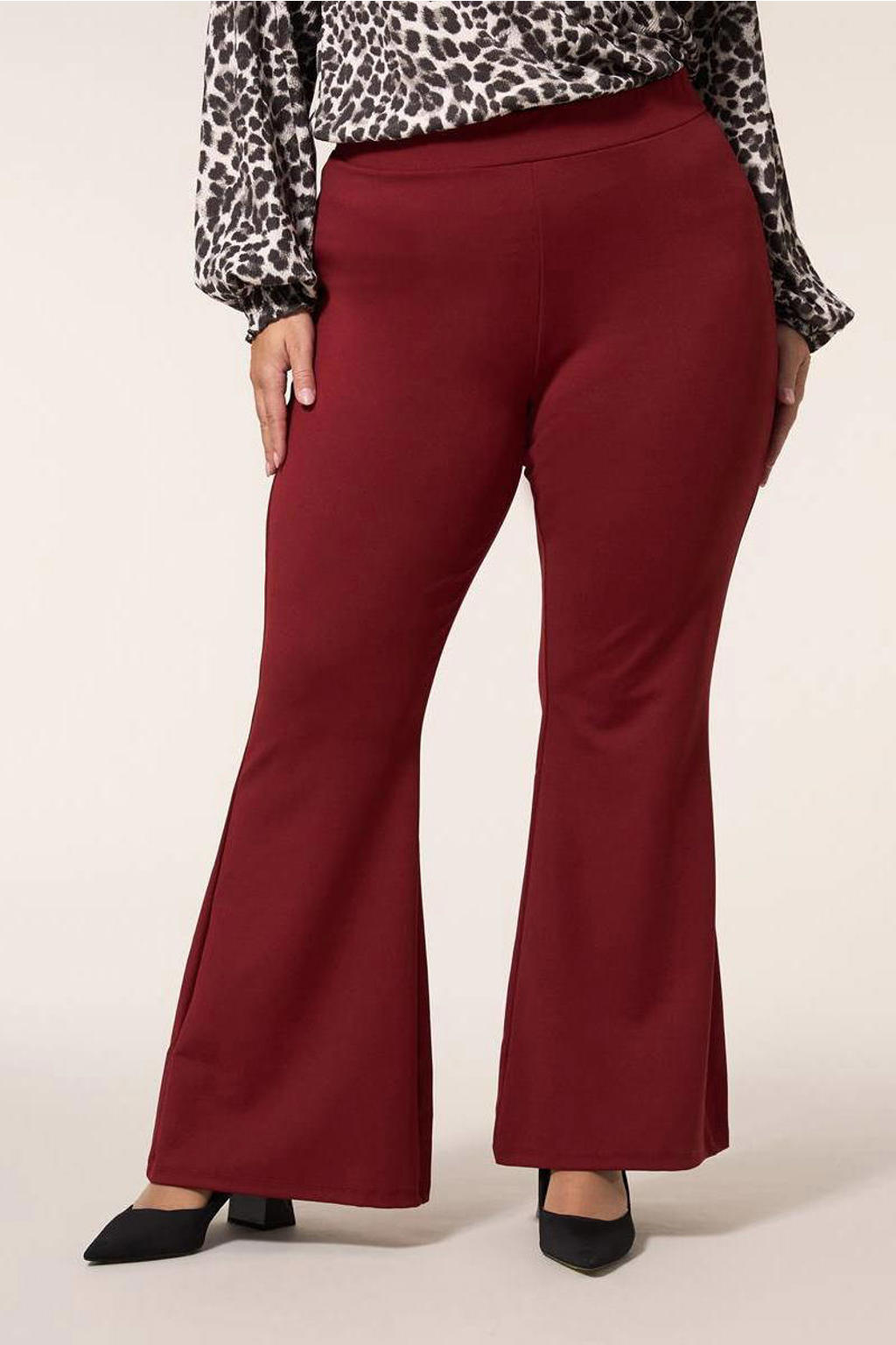 Donkerrode dames Miss Etam Plus flared high waist flared broek van polyester met elastische tailleband en effen
