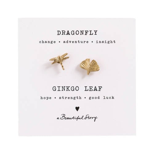 A Beautiful Story gold plated broche Dragonfly + Gingko - set van 2 afbeelding