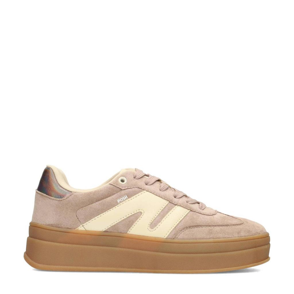Taupe dames POSH by Poelman sneakers van imitatiesuède met veters