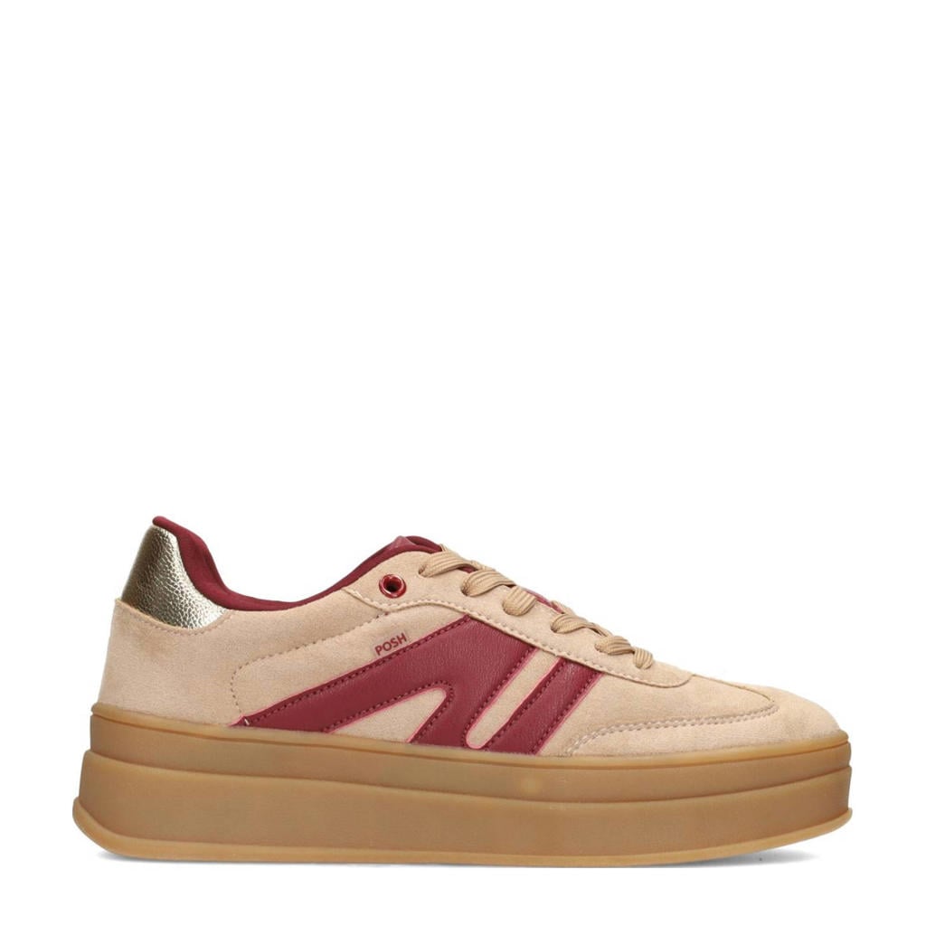 Beige en rode dames POSH by Poelman sneakers van imitatiesuède met veters