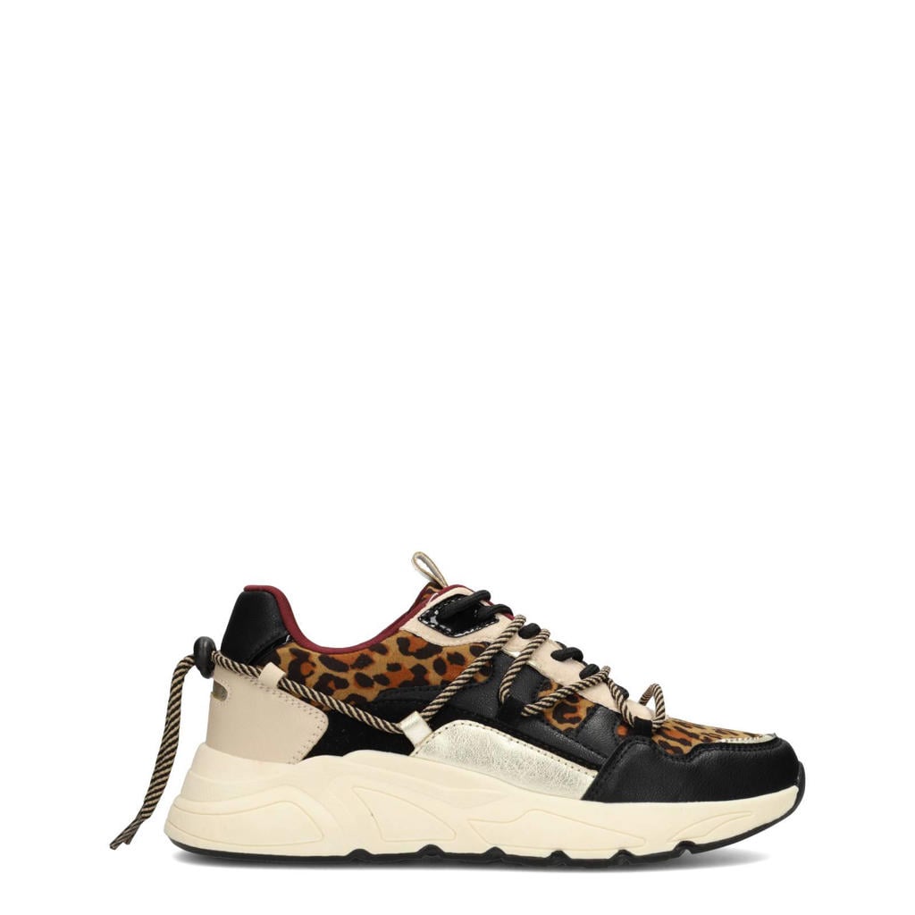 Zwarte dames POSH by Poelman chunky sneakers van imitatieleer en imitatiesuède met veters en panterprint