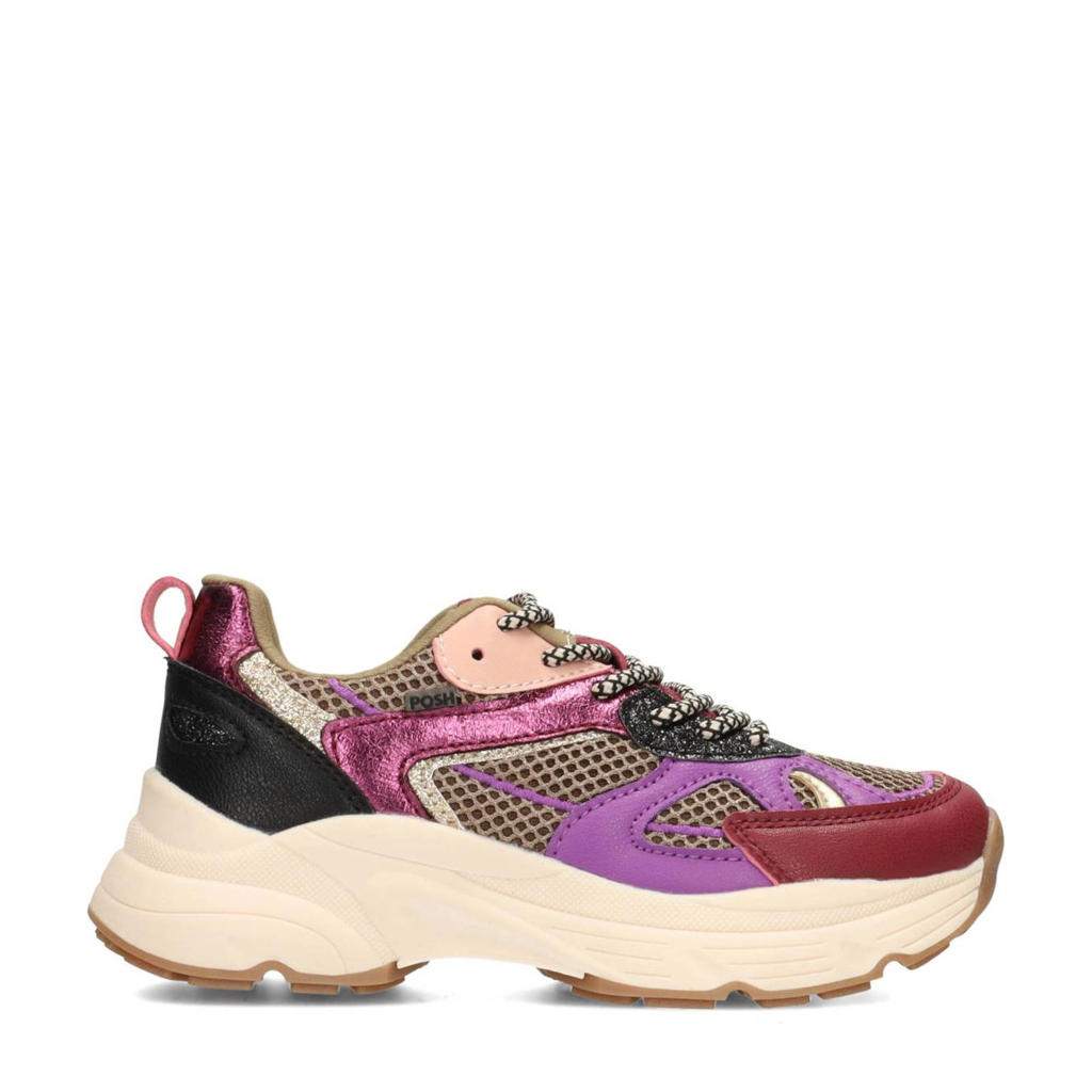 Paars en bruine meisjes POSH by Poelman chunky sneakers van imitatieleer en imitatiesuède met veters