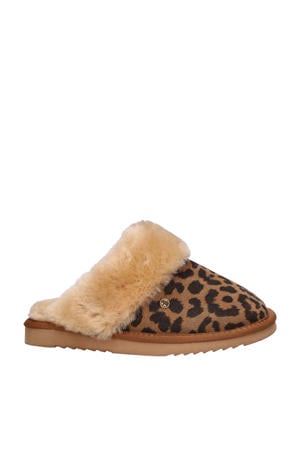 suède pantoffels met panterprint cognac/zwart