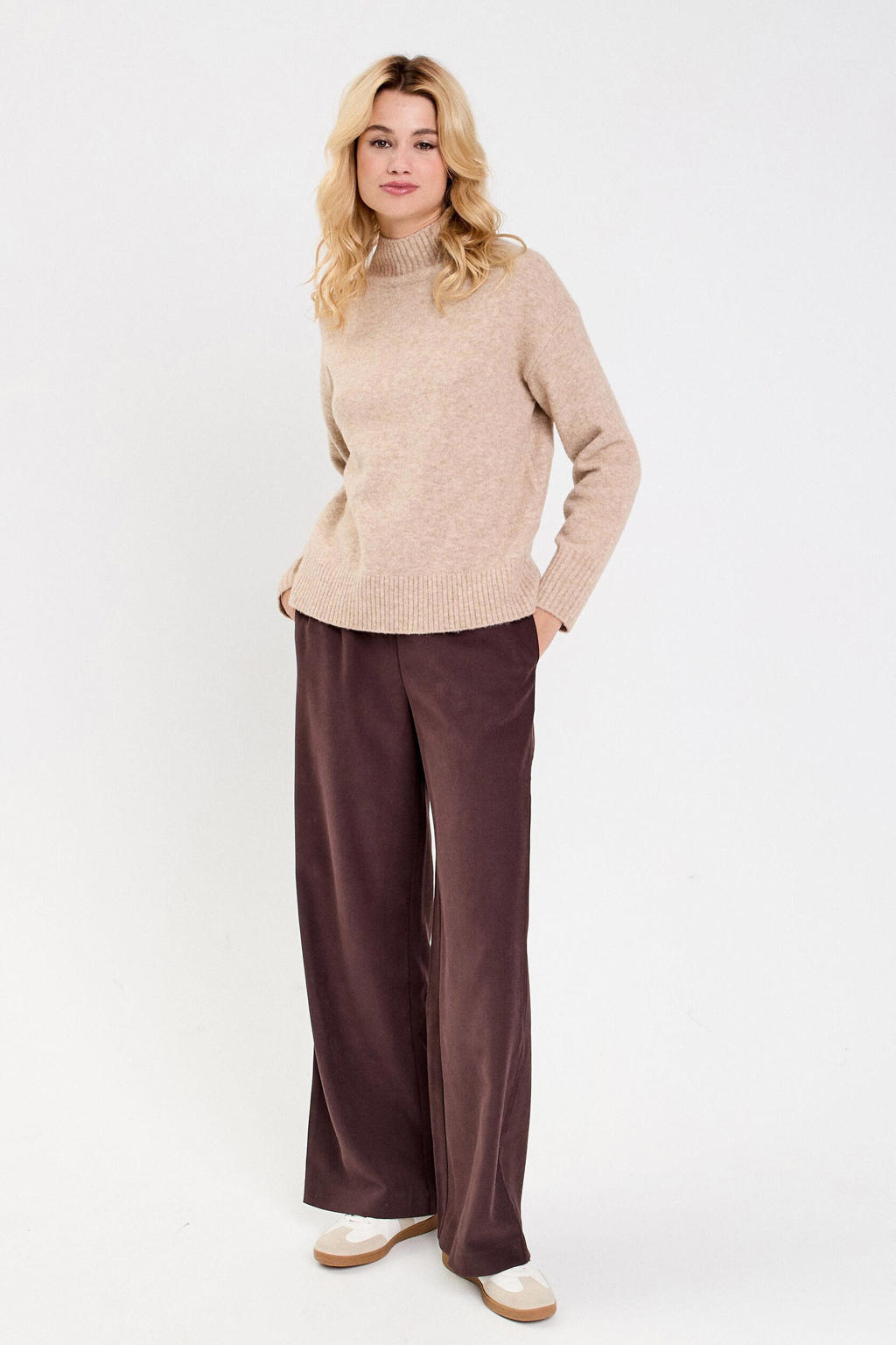 Donkerblauwe dames Cache Cache bootcut regular waist casual broek van polyester met elastische tailleband met koord en effen