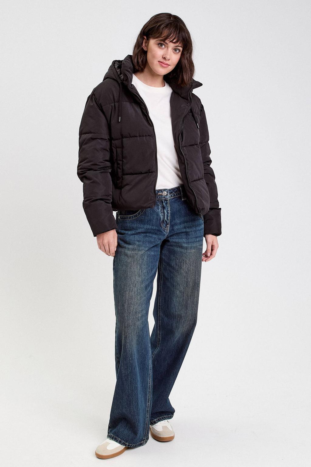 Zwarte dames Cache Cache winterjas van polyester met effen, lange mouwen, capuchon en blinde ritssluiting