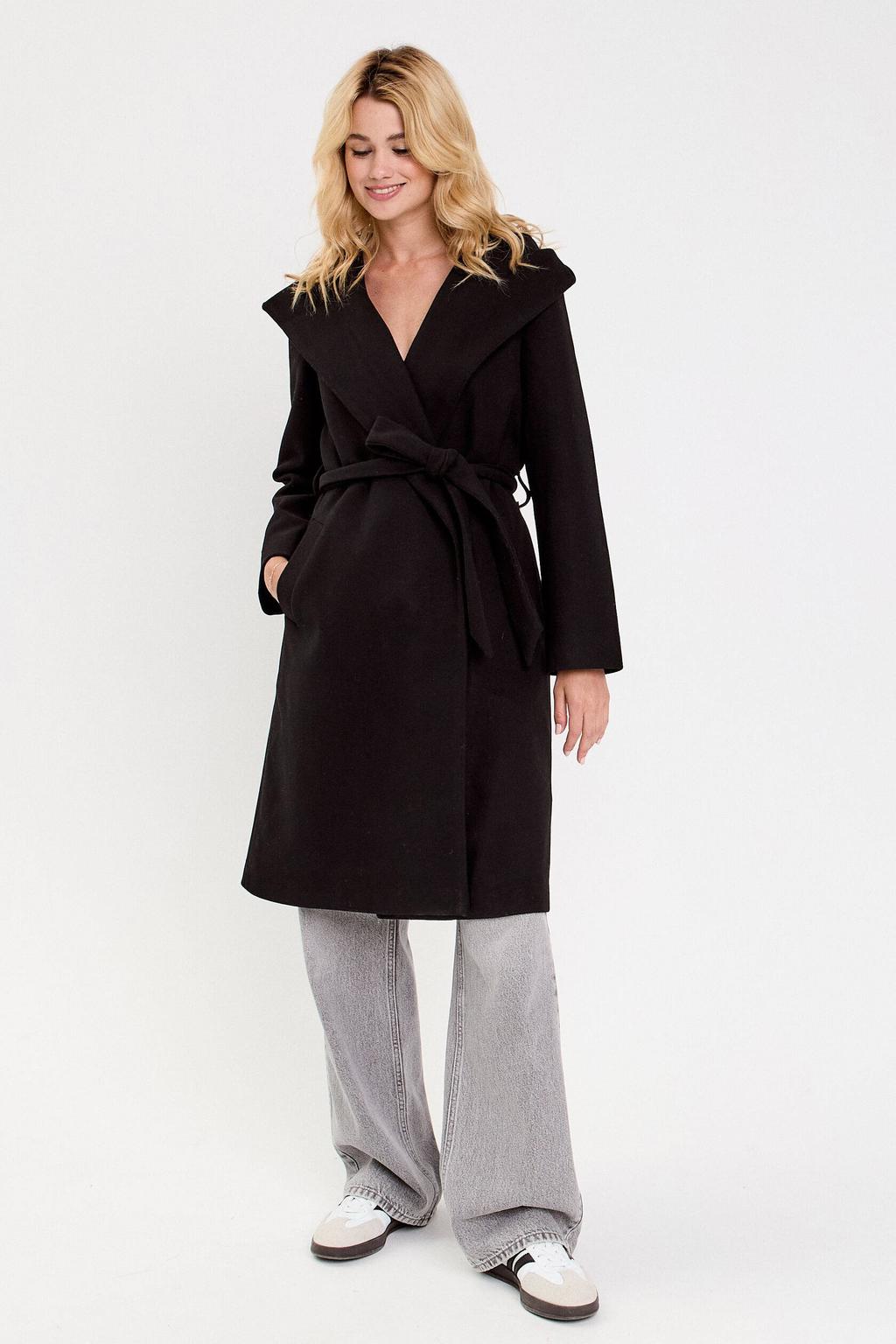 Zwarte dames Cache Cache manteljas van polyester met effen, lange mouwen, capuchon, striksluiting en ceintuur