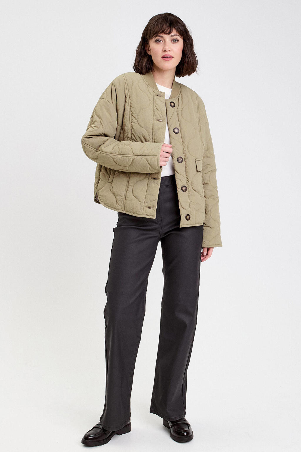 Zwarte dames Cache Cache straight leg jeans van coated materiaal met rits- en knoopsluiting en effen