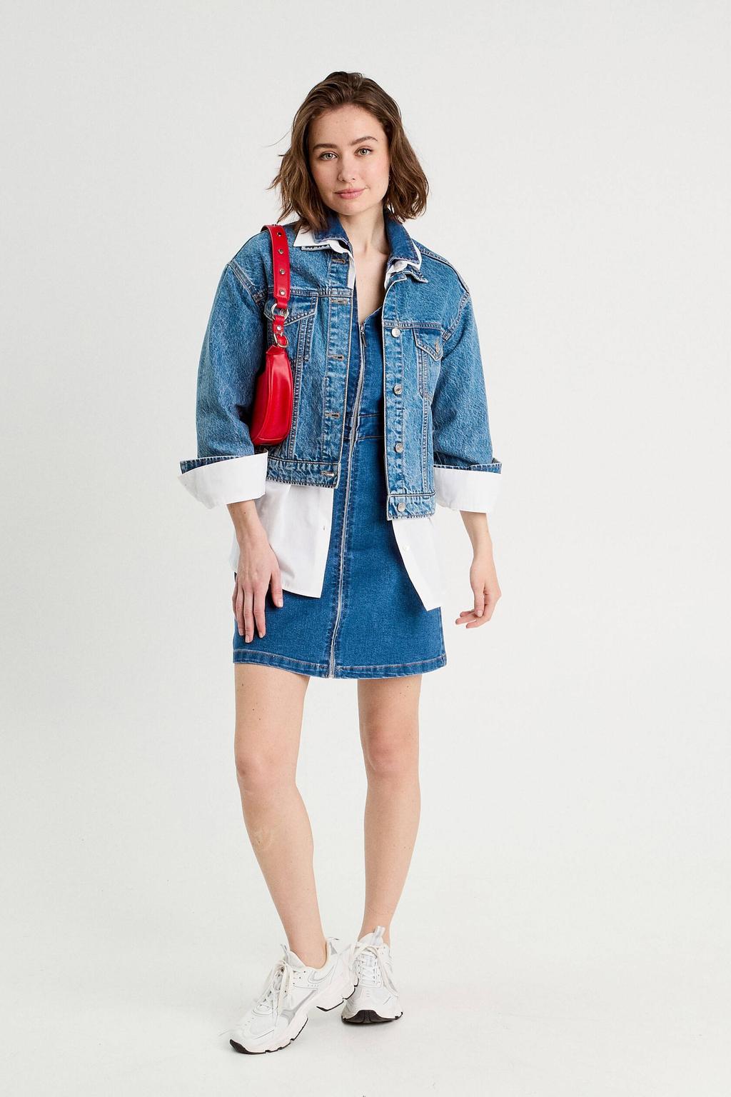 Medium blue denim dames Cache Cache spijkerjurk van denim met effen, korte mouwen en klassieke kraag