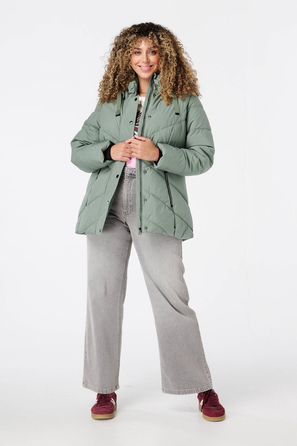 Mintgroene dames MS Mode gewatteerde jas van polyester met effen, lange mouwen, capuchon en doorgestikte details