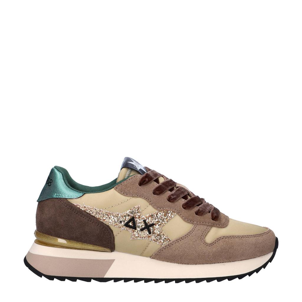 Beige en multikleurige dames SUN68 68 Stargirl Glitter sneakers van suède en nylon met veters