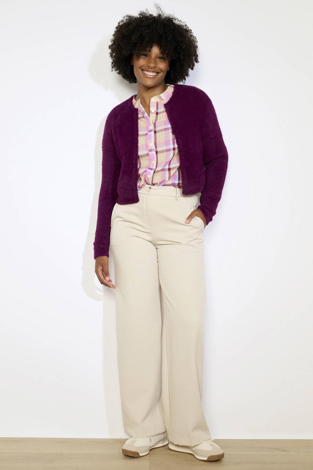 Aubergine dames LOLALIZA vest met effen, lange mouwen en openvallende hals