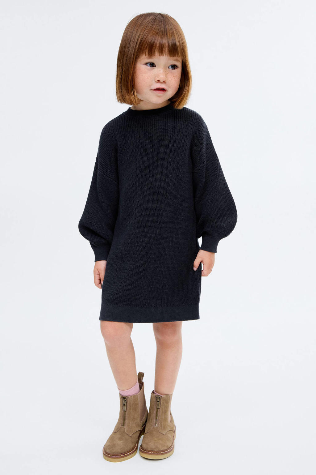 Marineblauw meisjes Mango Kids midi jurk gebreid blauw van katoen met effen, lange mouwen en ronde hals