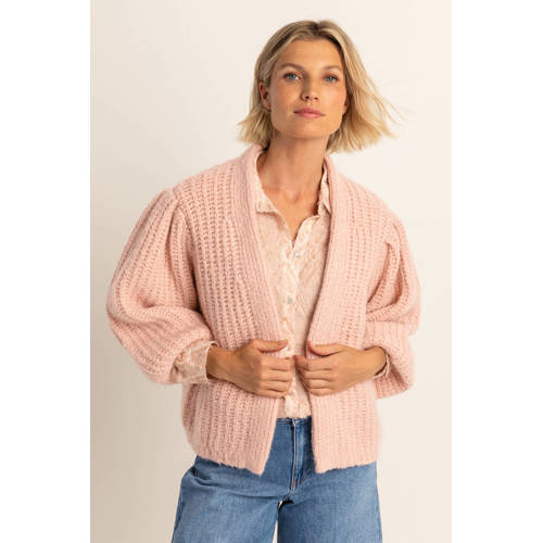 Expresso vest met wol lichtroze grof gebreid afbeelding