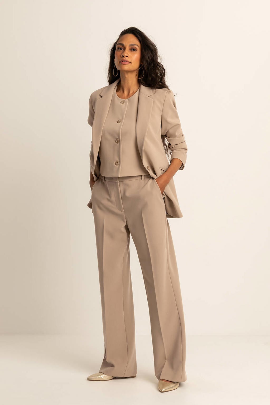Beige dames Expresso flared high waist pantalon van polyester met wijde pijpen, rits, haak- en knoopsluiting en effen