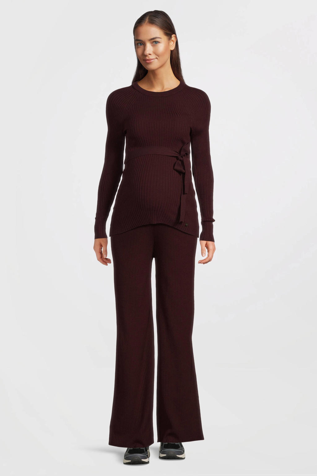 Donkerrode dames LOVE2WAIT zwangerschaps longsleeve rib gebreid van acryl met effen, lange mouwen, ronde hals en ceintuur