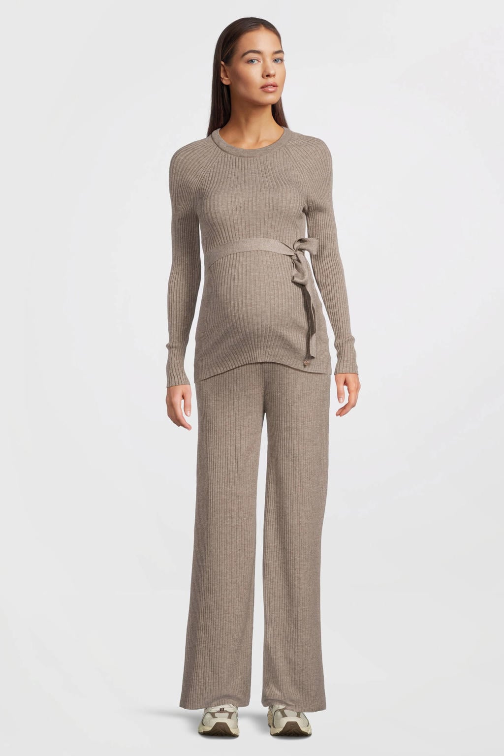 Beige dames LOVE2WAIT zwangerschaps longsleeve rib gebreid van acryl met effen, lange mouwen, ronde hals en ceintuur