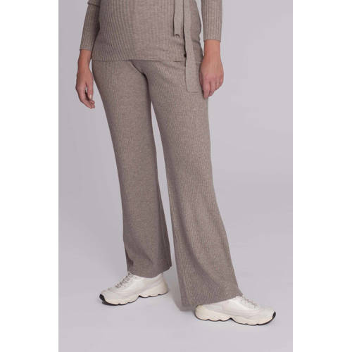 LOVE2WAIT wide leg high waist zwangerschaps broek beige rib gebreid afbeelding