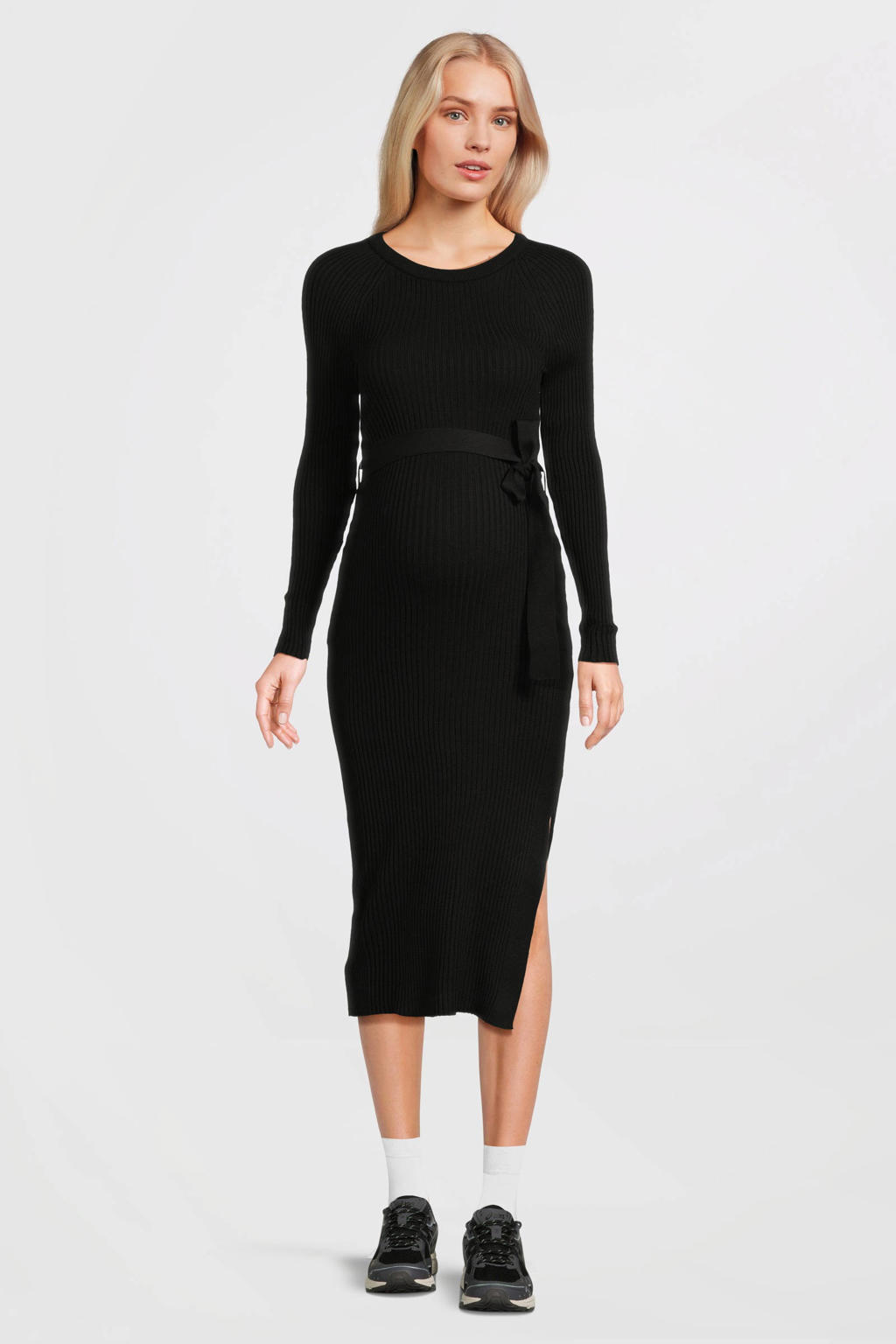 LOVE2WAIT zwangerschaps midi jurk rib gebreid zwart