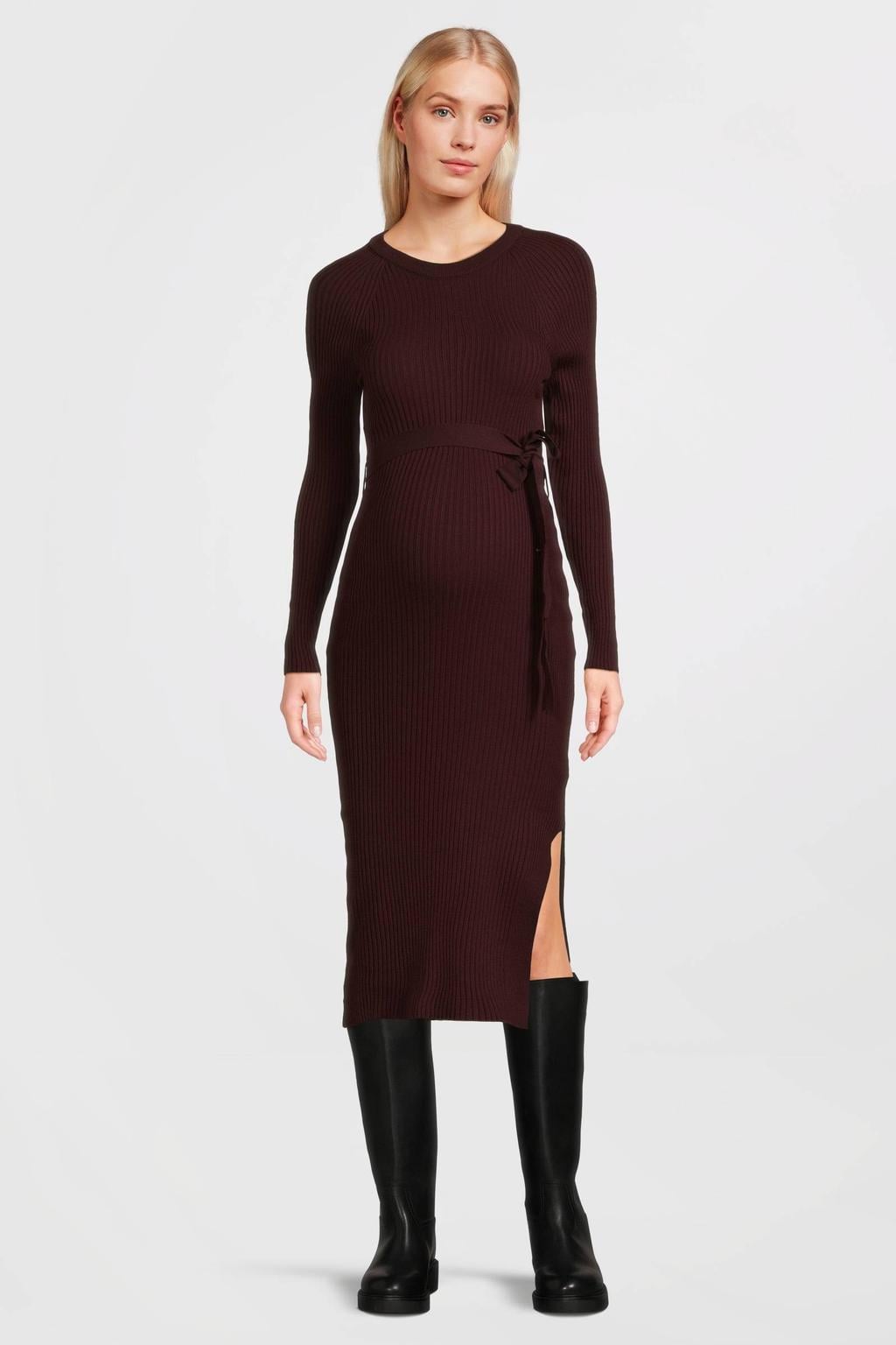 LOVE2WAIT zwangerschaps midi jurk met ceintuur en split - donkerrood