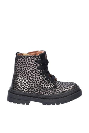 suède veterboots zwart/zilver